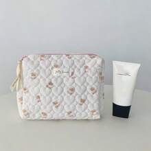 1pc Kawaii Quilted Cosmetics Bag Large Makeup Handbag Heart Pattern Beauty Pouch Portable Brushes Holder Pencil Case Lightweight Travel Toiletry Bags - Baby Pink - View 15