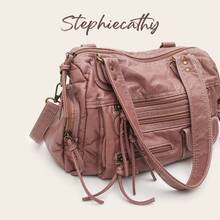 STEPHIECATHY Solid Color Washed Soft PU Faux Leather, Zipper Closure, Multi-Pocket Design, Dual Short Shoulder Straps, Adjustable Waist Belt, Unisex, Retro Casual Practical, Suitable For School & Daily Commute - Dusty Pink - View 2