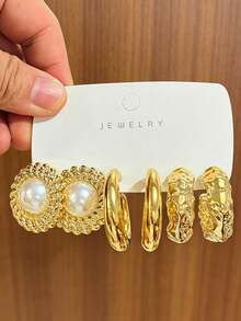6/18PCS Fashionable Elegant Floral Geometric Multi-Element Gold Metallic Earring Set, Women's Fashion Earring Set (Lightweight CCB Material, Non-Fading) - Gold - View 4