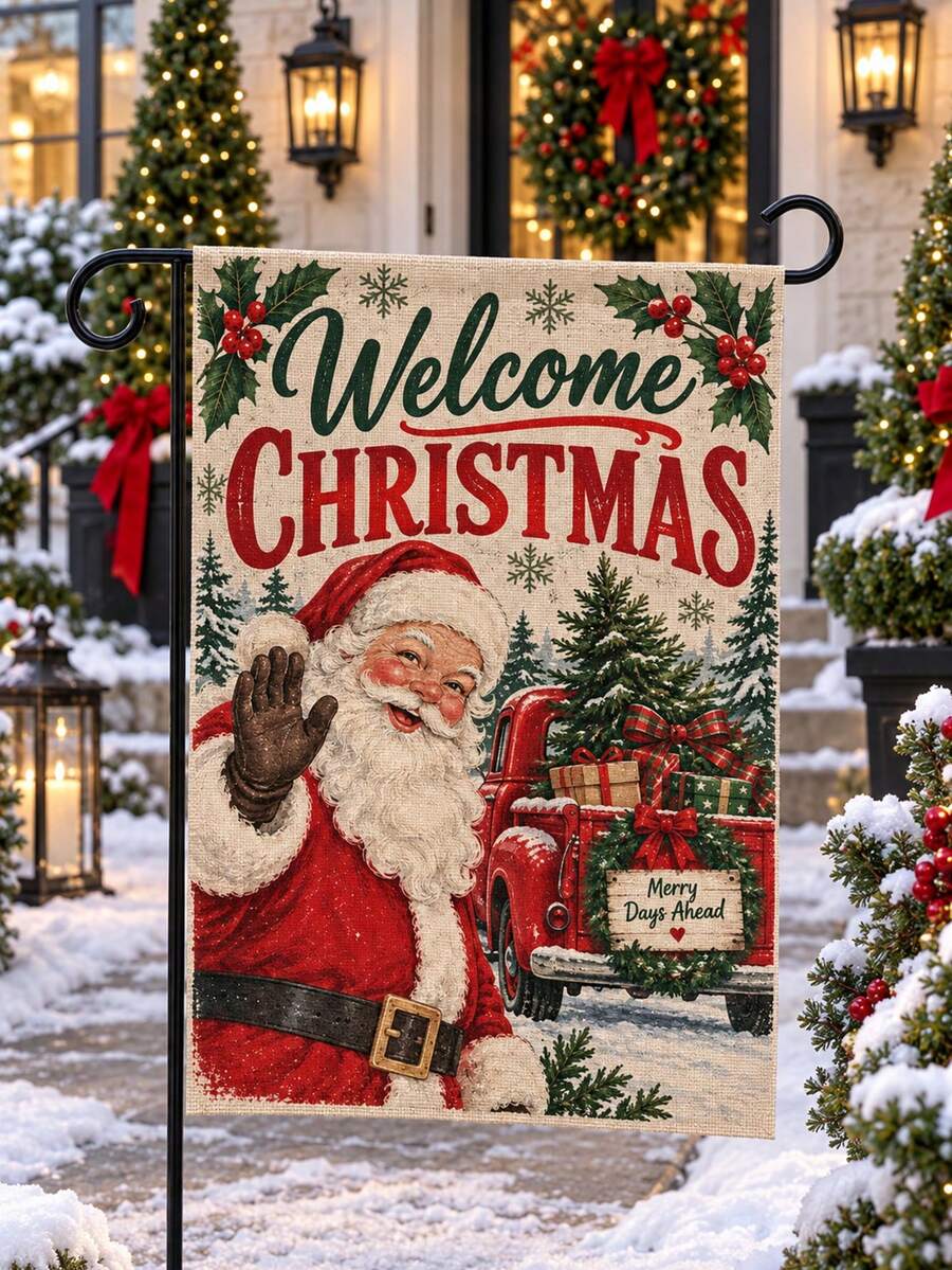 1pc Snowman Family Print Garden Flag, Rustic Linen Vertical Yard Banner With Let It Snow Slogan, Farmhouse Front Porch Outdoor Hanging Decor For Christmas Winter Holiday Entryway - A - View 1