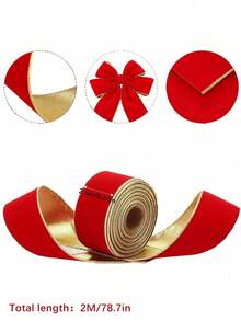 Red & Green Velvet Christmas Ribbon, 2.48" X 114", One-Piece Red Patterned Gold Trim Ribbon, High-Quality Y-Shaped Velvet Satin Ribbon, Suitable For Christmas Tree Decoration, Holiday Gift Wrapping, Wreaths, Crafts - Multicolor - View 12