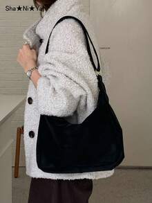 復古梅納德天鵝絨女款斜挎單肩包 2026新款秋冬百搭大容量通勤托特包 - 黑色 - 查看 3
