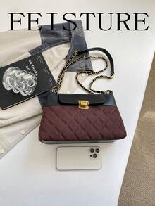 FEISTURE 1pc Embroidered Quilted Women's Flap Shoulder Bag, Fashionable Diamond Quilted Chain Bag, Suitable For Girls, Women, College Students, New Professionals And White-Collar Workers, Perfect For Work, Business, Commuting, School - Coffee - View 4