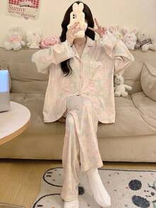 2pcs/Set Women's Pajamas Loungewear Set, Cardigan Lapel Minimalist Random Print Long Sleeve Long Pants, Suitable For All Seasons - Multicolor - View 9