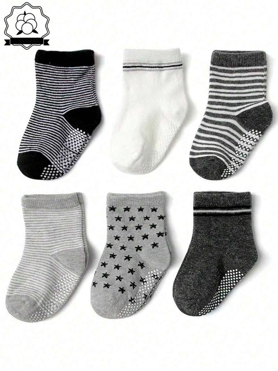 6 Pairs Cotton Baby & Toddler All-Cotton Anti-Slip Short Socks, Star & Stripe Pattern, Dot Grip Floor Socks, Cute & Breathable - Multicolor - View 1