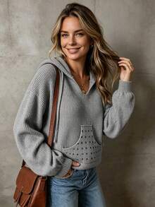 Women's Solid Color Hooded Drop Shoulder Long Sleeve Loose Knit Pullover, Front Pocket, Rhinestone Decor, Autumn/Winter Daily Versatile Top - Grey - View 2