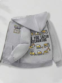 Boys Light Gray Zip-Up Hooded Coat, Construction Vehicle Cartoon "See You Later Excavator" Back Print Casual Jacket - Grey - View 3