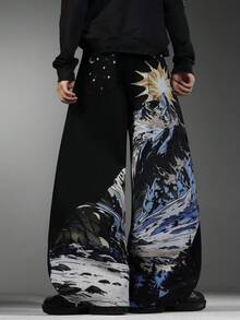 Men Korean Street‑Style Black Jeans, Artistic Print Design, Baggy Wide Leg, Casual Loose Fit, All‑Season Long Pants (Belt & Accessories Not Included) - Black - View 7