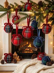 1pc 3.14 Inch Plaid Christmas Ball Ornament With Velvet Bow Ribbon, Suitable For Decorating Christmas Tree, Wreath, Garland And Fireplace Mantel, Also As Tabletop Decor, Perfect For Winter, New Year And Christmas Home Decoration - Multicolor - View 3