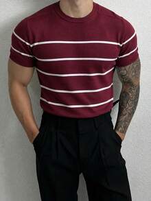Men's Burgundy Horizontal Striped Crew Neck Knit Short Sleeve T-Shirt, Old Money Style, Slim Fit, Light Business Casual, Layering Top, Contrast Color - Burgundy - View 8