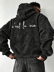 Men's C'est La Vie Slogan Hoodie, Minimalist Loose Fit Washed Pullover Sweatshirt - Black - View 3
