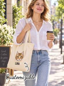 Personalized Pet Photo & Name Tote Bag, Large Capacity Shoulder Bag, Customizable Foldable Tote Bag With Name Logo Text, Multiple Colors Available, Solid Color Large Capacity Shoulder Bag - Multicolor - View 6