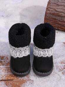 1 Pair Winter Girls Ankle Boots, Plush Lace Soft Sole Children's Shoes - Black - View 3