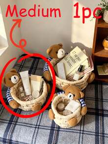 3 Sizes Cute Bear Woven Storage Baskets, Cartoon Bear Decor Handmade Woven Storage Buckets, Bedroom Vanity Desktop Organizer Boxes, Christmas Gift - Multicolor - View 9