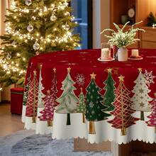 1pc Christmas Tablecloth - Red Vintage Festive Gold Snowflake Christmas Tree Print Design - Durable Polyester Fabric - Suitable For Rectangular, Round, Dining Tables - Party, Home, Restaurant Winter Decoration - Easy To Clean Holiday Decor - Multicolor - View 5