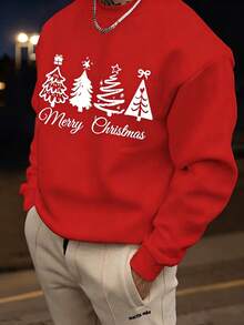 Áo nỉ nam FRACTYR Giáng sinh dáng rộng cổ tròn, in họa tiết cây thông Noel vẽ tay và slogan Merry Christmas, kiểu chui đầu - Đỏ - Xem 4