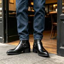 Men's High-Top Boots, Thick Sole Pointed Toe, Elegant Vintage Style - Black - View 4