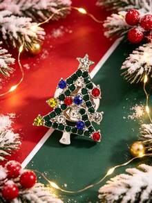 1pc Exquisite Luxury Christmas Theme Rhinestone Christmas Tree Shaped Brooch, Minimalist Elegant Versatile Jewelry Accessory, Suitable For Men And Women Daily Wear And Christmas Holiday, Christmas Festival Gift - Multicolor - View 9