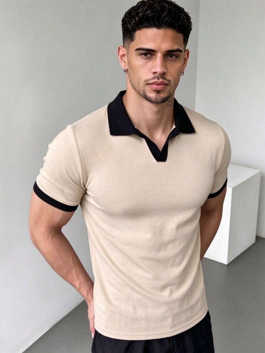 ZYNTH BALENO Kaos Pria Lengan Pendek Model Slim Fit Patchwork Bahu Reguler Kerah Pesawat, Cocok untuk Olahraga Musim Panas