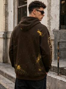 FRACTYR Men's Vintage Sweatshirt, Tattoo Palm & SAINT Gold Chain Print, Hip-Hop Street Style Tattoo Palm Print Sweatshirt - Black - View 4
