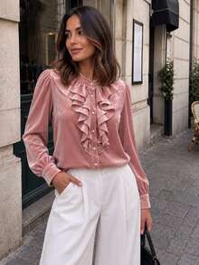 Elegant Ruffle Velvet Blouse Plus Size Women's Autumn Pleated Lantern Sleeve Top - Pink - View 2
