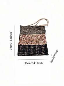 Niche Design Premium Sequin Shoulder Canvas Tote Bag, 2026 Autumn New Large Capacity Commuter Handbag For Women, Chic, Stylish, Vintage, Travel, Purse - Black - View 6