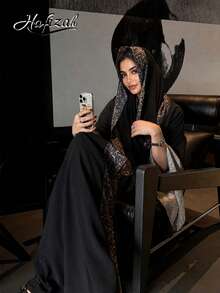 Hafizah 2pcs Women's Summer Leopard Print Patchwork Robe With Headscarf Set Black Spring Fall - Black - View 2