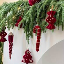 2pcs=1set Christmas Candy Cane Hanging Decor, Christmas Tree Decoration, Window Display, Nordic Style Red Flocked Candy Pendant - Multiple Styles - View 4