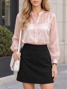 SwallowLucky Plus Size Women's Semi-Sheer Shiny Blouse, Stand Collar Button Front Long Puff Sleeve Shirt, Elegant Top For Spring Autumn Daily Commute - Baby Pink - View 6