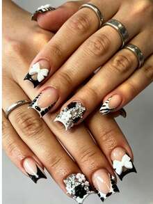24pcs French Black & White Color-Block Polka Dot Tie Dye Medium Press-On Nails, Reusable, Bow & Star Rhinestone Sweet Cool Spicy Girl Style, Minimalist Fashion, Suitable For Date, Spring, New Year, Christmas, Daily Commute, Birthday, Holiday, Spring/Summer New - Black and White - View 2