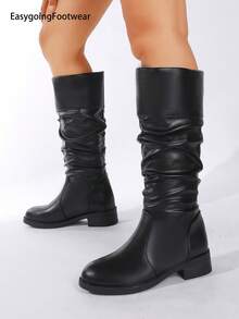 Women's Fashion Ruched Round Toe Low Chunky Heel Casual Mid-Calf Boots - Black - View 1