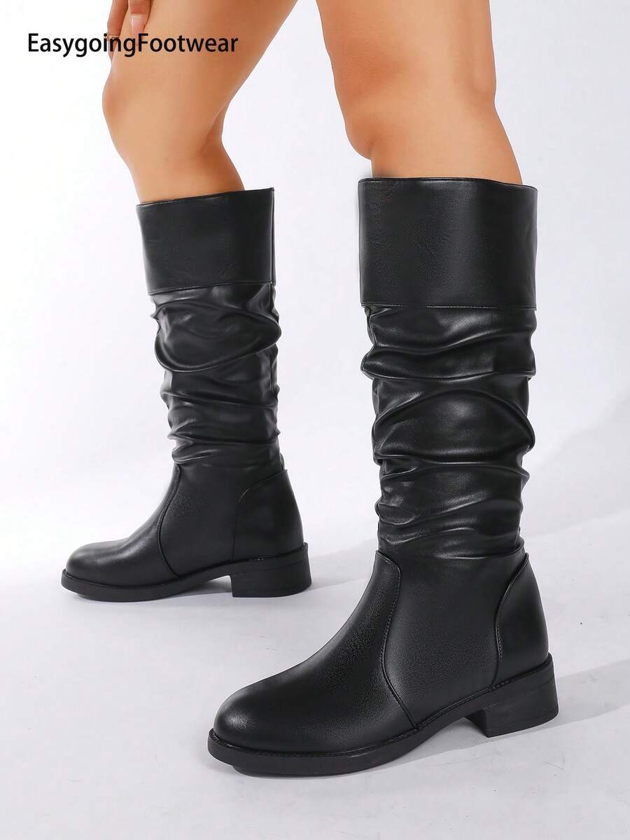 Women's Fashion Ruched Round Toe Low Chunky Heel Casual Mid-Calf Boots - Black - View 1