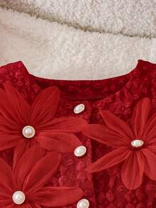 Girls' Vintage Red 3-Piece Formal Outfit Set, 3D Floral Pearl Short Jacket + Ethereal Tulle Dress, Matching Beret, Textured Jacquard Fabric, Puff Sleeve Design, Festive And Flattering, Suitable For Birthday Parties, Princess Style - Red - View 5