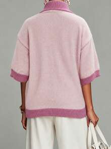 Women's Plus Size Pink Fuzzy Knit Pullover Sweater Drop Shoulder Long Sleeve Stand Collar Regular Length With Zipper Details For Fashion - Pink - View 5