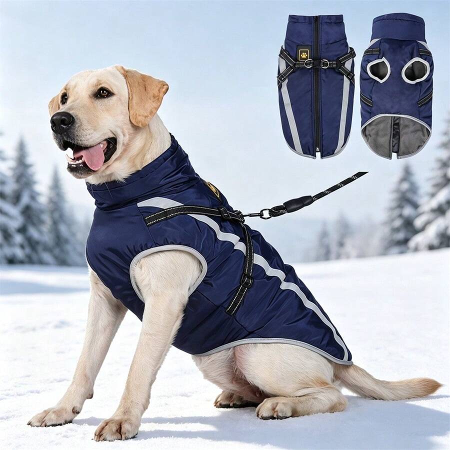 Winter Thickened Reflective Pet Jacket, Windproof Waterproof Dog Outdoor Coat, Built-In Chest Strap, Suitable For Medium And Large Dogs, Soft Warm Coral Fleece Lining
