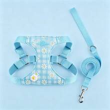 Pet Harness & Leash Set, Summer Cute Pink Daisy Pattern, Soft Lightweight Design, Adjustable Buckle, Breathable Mesh, For Puppies & Small Dogs - Baby Blue - View 2