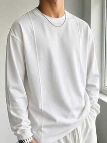Men's White Vertical Stripe Deconstructed Design Crew Neck Long Sleeve T-Shirt, Breathable Knit Fabric, Regular Fit, Suitable For Daily Layering - White - View 2