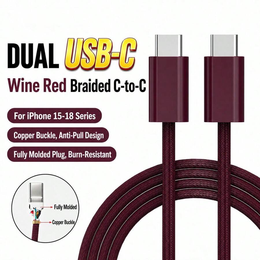 USB-C To Type-C Fast Charging Data Cable, Compatible With Phone 17/16/15/Pro/Pro Max/And Other Android Phones, Supports 60W~18W Fast Charging, Suitable For Indoor/Outdoor/Travel And Car Use - Redwood - View 1