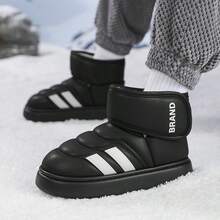 1 Pair Geometric Pattern Casual PU Leather Faux Fur Quilted Hook And Loop Cotton Slippers For Office Home Outdoor Winter - Black - View 5