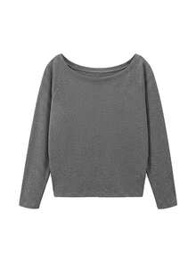 Women's Spring/Autumn Solid Color Minimalist Versatile Long Sleeve T-Shirt, Y2K Casual Home Wear, Sexy Cold Shoulder Hot Girl Pure Desire Style, Daily Commute Back To School Season Lightweight Korean Style Long Sleeve Top - Dark Grey - View 6
