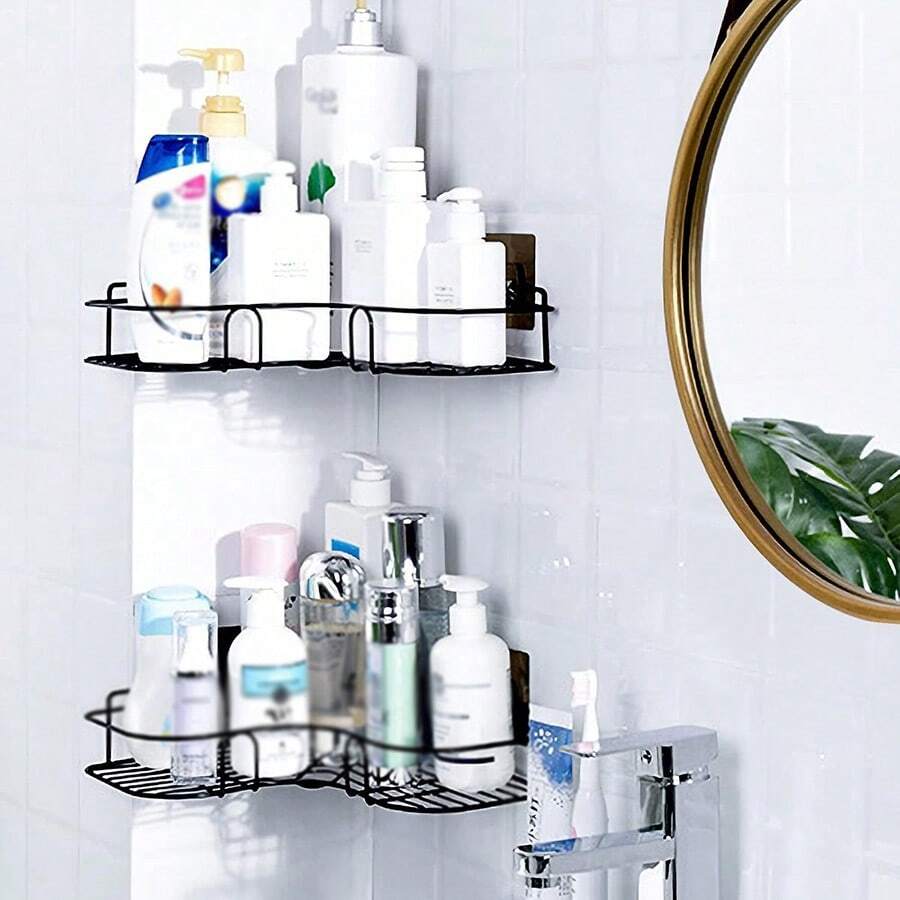 1/2PCS-Black Triangle Multi-Purpose Self-Adhesive Wall-Mounted Corner Storage Rack Bathroom Shelf Storage Kitchen Storage, Cosmetic Hanging, Bathroom Shower Wall Shelf - Black - View 1