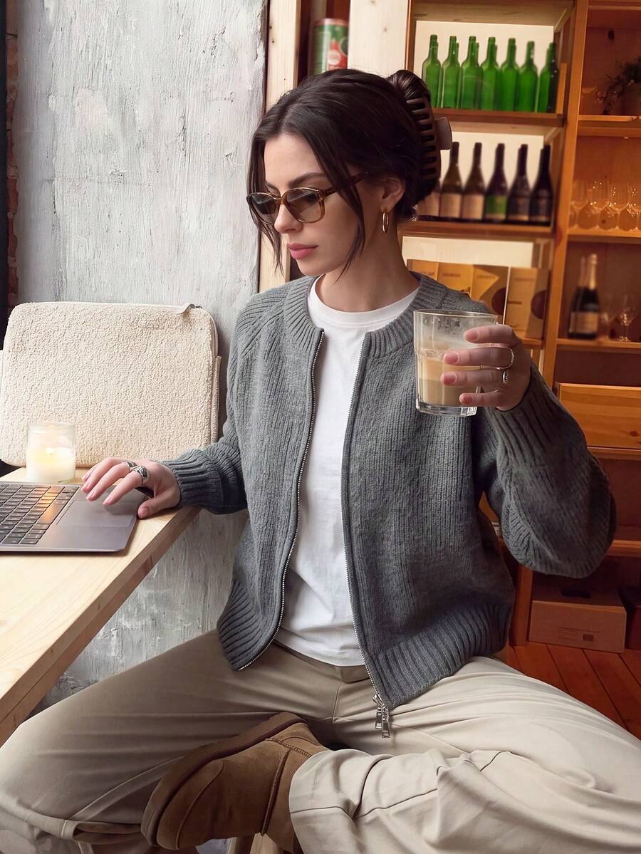 Autumn/Winter Back To School Season Zip-Up Women's Cardigan Sweater Knit Jacket, Slouchy Short Knit Top - Dark Gray - View 1