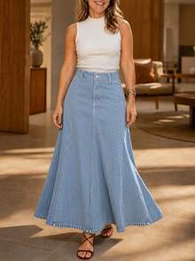 Women's Vintage Blue Striped Denim Maxi Skirt, Casual Straight Fit, Button Detail Design, Non-Stretch Fabric, Suitable For Daily Wear - Light Wash - View 1