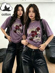 Women's Summer Short Sleeve T-Shirt, Distressed Washed Casual Graphic Tee, Round Neck, Spring/Summer/Autumn Outfit - Mauve Purple - View 1
