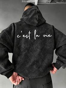 Men's C'est La Vie Slogan Hoodie, Minimalist Loose Fit Washed Pullover Sweatshirt - Black - View 2