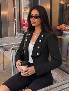 Women's Spring Autumn Winter Blazer, Elegant Vintage Black Metal Button Slim Fit Flattering Lapel Commute Versatile Small Suit Jacket - Black - View 3