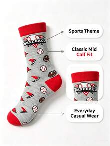1 Pair Unisex Baseball Theme Crew Socks, Novel Sports Pattern Mid-Calf Socks, Fun Pattern Casual Socks, Everyday Athletic Socks - Multicolor - View 3