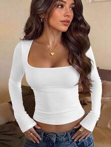 Vaiaye 女款條紋性感修身長袖針織上衣，純色方領基礎 T-shirt，適合秋季外出街拍、辦公室 Siren 風格，白色休閒款 - 白色 - 查看 11