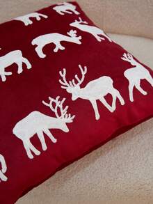 1pc Christmas Red Reindeer Embroidered Pillow Case, Suitable For Indoor Decoration, Christmas Decoration, All Season Pillow Case, Without Insert - Red - View 7