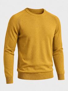 Men's Solid Color Raglan Knit Sweater, Minimalist Textured Crew Neck Long Sleeve Slightly Loose Fit Pullover Base Layer Top For Autumn/Winter - Yellow - View 10